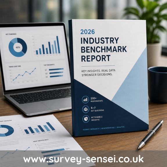 Fixed price market research report analysis showing benchmark data and business survey results Example of how structured survey data can be turned into a benchmark report for lead generation and PR